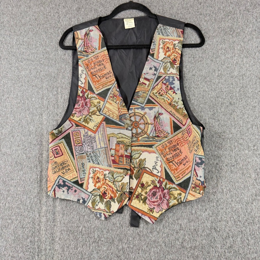 Vintage Postcard Floral Travel Tapestry Vest Women Medium Large Boho Cottagecore